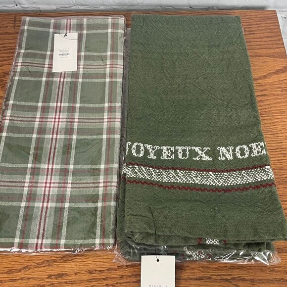Magnolia-3Holiday Plaid & Embroidered Tea Towels in Green and Red New w/tags - Picture 5 of 8